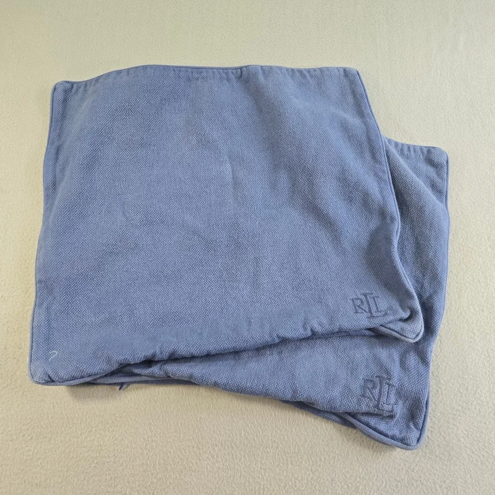 Ralph Lauren Pillow Sham Set Unisex 18x18 Blue Cotton Pique RLL Monogram Square